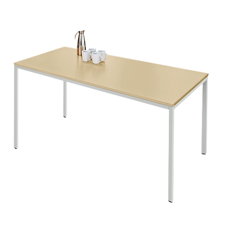 A rectangular table with light wood veneer, white metal frame. Coffee pot and cups on the table.