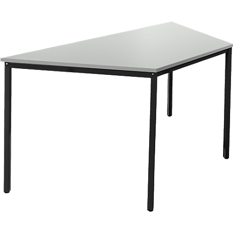 A grey table with black legs. The tabletop has a trapezoidal shape.