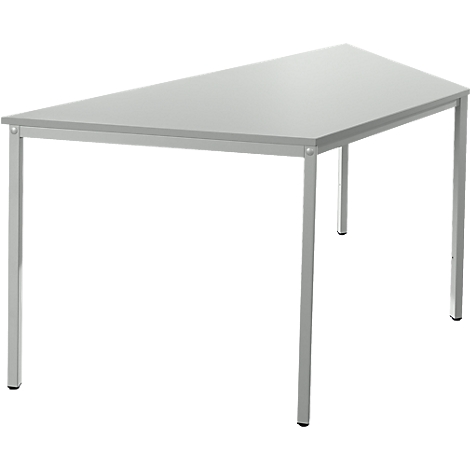 A light grey, rectangular table with slanted edges, with silver legs.