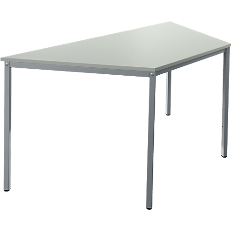 A grey, trapezoidal table with metal legs, isolated on a white background.