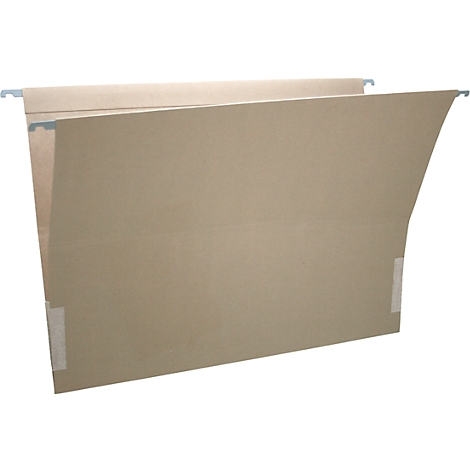 Opened cardboard hanging file with metal holder.