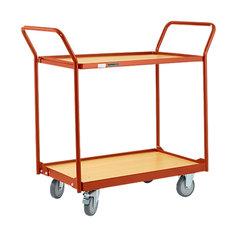 A red transport cart with two levels and wooden shelves on a gray base. The cart has four wheels.