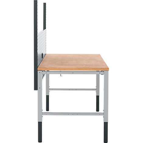 Zijaanzicht van een bureau met zwart scheidingswand en metalen frame.