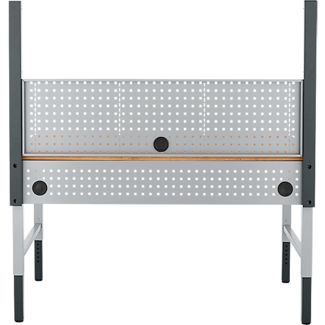 Werkbank met geperforeerd paneel en in hoogte verstelbare poten, in grijs en houtlook.