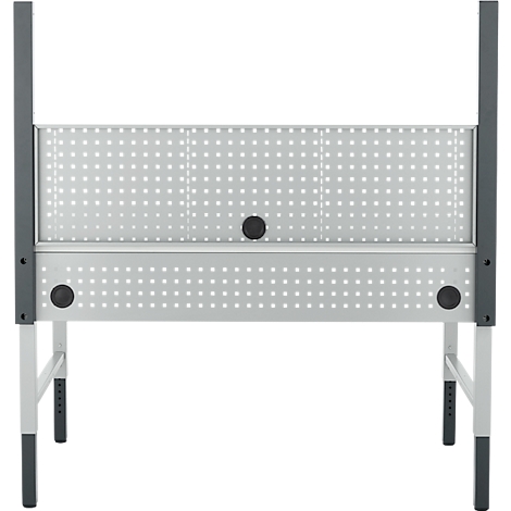 Een grijze geperforeerde werkbanktafel met zwarte knoppen en poten verbonden door verticale grijze staven.