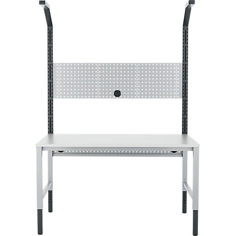 Werkbank met pegboard en metalen frame, wit en grijs. Het pegboard is geperforeerd en heeft een zwarte knop.