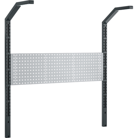 Grijze metalen constructie met geperforeerde plaat en twee verticale steunen met lichtelementen.