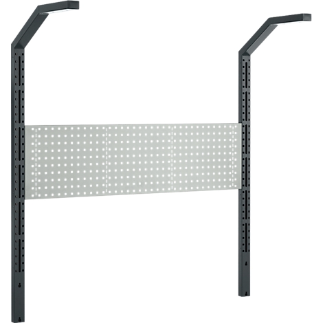 Grijs rek met pegboard en twee verticale kolommen die uitmonden in horizontale lichten erboven.