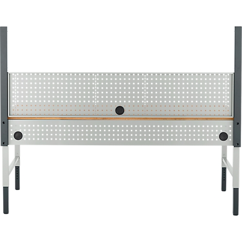 Grijs metalen verhoogde plantenbak met een geperforeerd patroon en grijze hoekpalen. Vier poten, in hoogte verstelbaar.