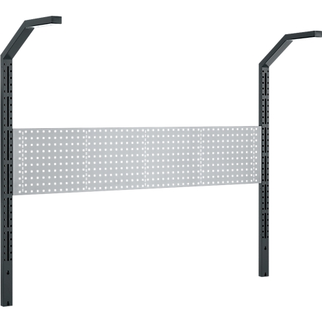 Grijze metalen constructie met geperforeerd paneel, bestaande uit twee verticale kolommen met horizontale afwerking.