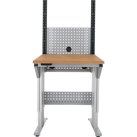 Een metalen en houten werkbank, met gaatjeswanden en opzetstuk.