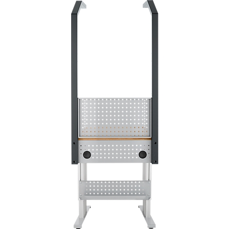 Lichtgrijs frame met geperforeerde plaat en twee zwarte handgrepen.