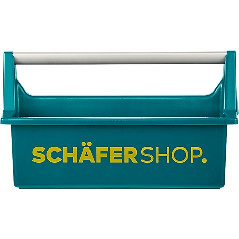 Türkisgrüner Werkzeugkasten mit weissem Griff. Gelber Schriftzug: SCHÄFER SHOP.