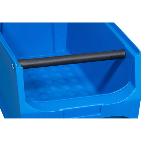 Blaue Sichtlagerbox aus Kunststoff mit einer schwarzen Querstrebe.