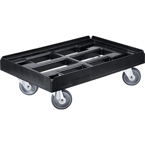 Black dolly with four wheels, photographed from above.