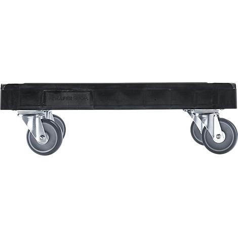 Black transport platform with four dual casters.