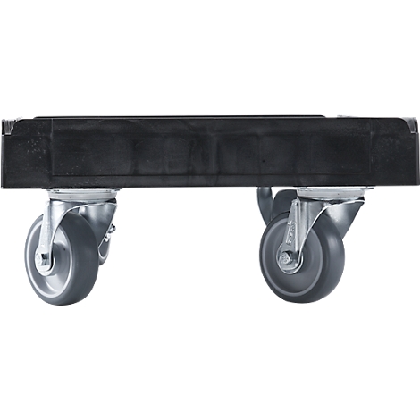Black transport platform with four silver-colored castors, detail shot.