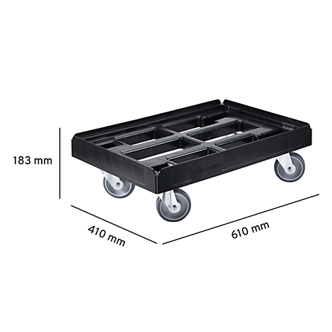 Black transport trolley with four wheels, with dimensions.