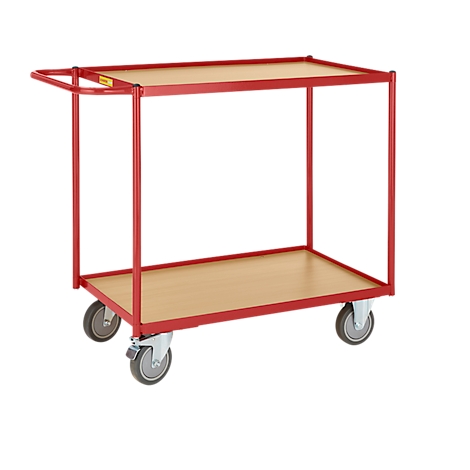 A red serving cart with two levels and wooden shelves. The cart stands on four wheels.