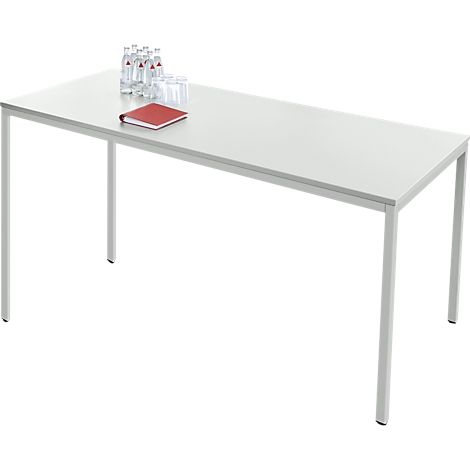 White table with drinks and notepad. Rectangular legs.