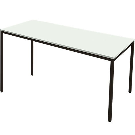Rectangular desk with white tabletop and black frame. The legs are also black.