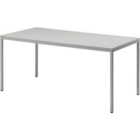 Gray rectangular table with four slender legs. Clean lines, minimalist design.