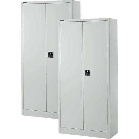 Two gray cabinets with double doors and black handles stand side by side.