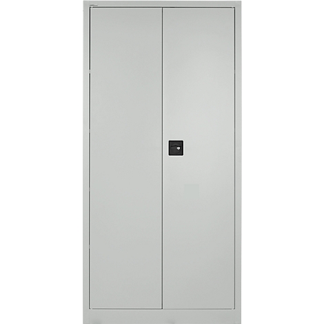 Light gray steel cabinet with two doors and a square black door handle in the middle.
