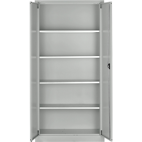 Open, gray steel cabinet, with white shelves inside.