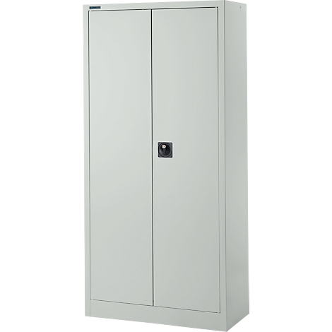Grauer Stahlschrank mit zwei Türen und einem schwarzen Knauf in der Mitte.