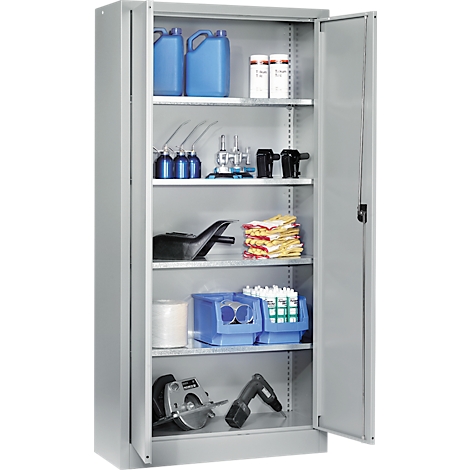 Grijze kast met open deur, gevuld met diverse gereedschappen, containers en materialen. Zicht in een werkplaats.