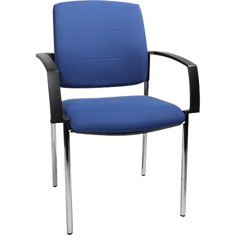 Blue office chair with black armrests and silver legs. The seat and backrest are upholstered.