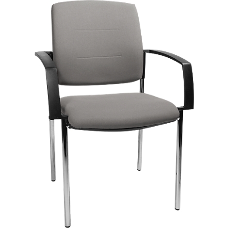 Gray chair with black armrests and chrome legs, against a white background.