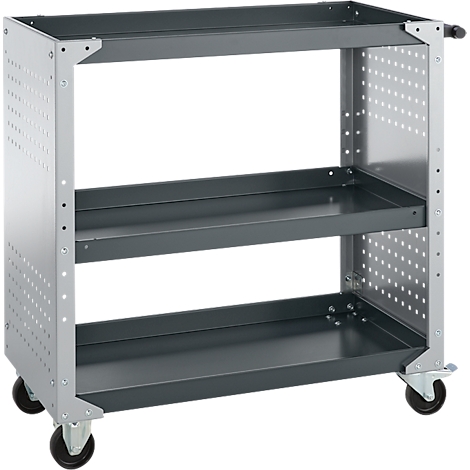 Grijze gereedschapskar met drie planken, op wielen. Geperforeerde zijkanten, antracietkleurige planken.