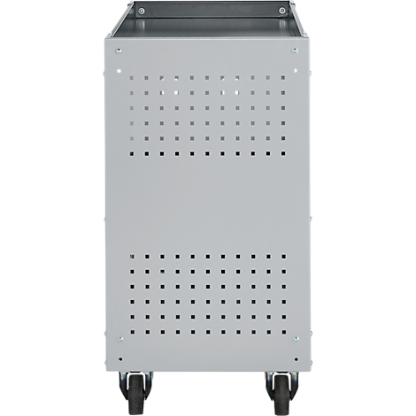 Grijze gereedschapskar met wielen, geperforeerde zijpanelen en een open bovencompartiment.