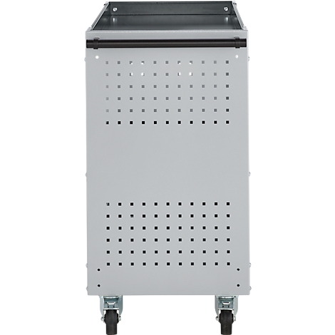 Grijze metalen kast op wielen, met gaten in de voorkant, vooraanzicht.