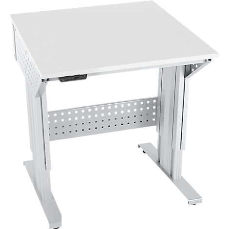 Een witte, in hoogte verstelbare bureau. Het tafelblad is rechthoekig, het frame is zilver.
