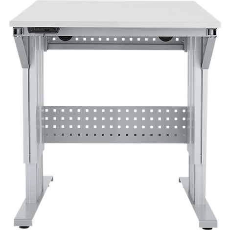 Witte in hoogte verstelbare bureau tegen een neutrale achtergrond. De desk heeft een wit tafelblad, een zilveren frame met geperforeerd plaatmetaal.