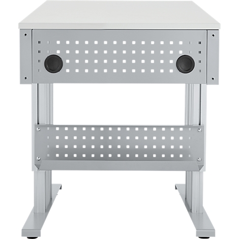 Witte tafel met metalen frame en geperforeerde plaat. Twee zwarte knoppen aan de voorkant.