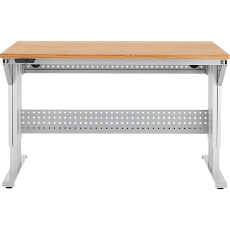 Bureau met lichtbruin houten blad en zilverkleurig metalen frame. Het frame heeft een rij gaten.