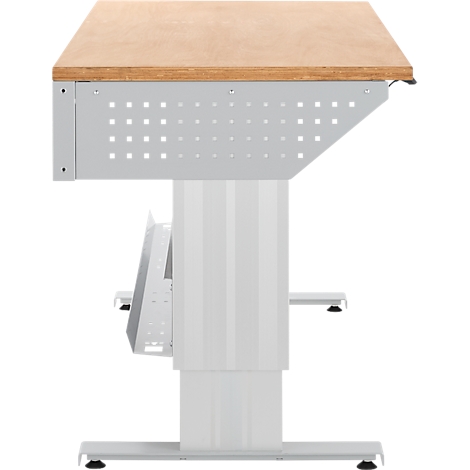 Een in hoogte verstelbaar bureau van opzij, met een houten blad en een lichtmetalen frame.