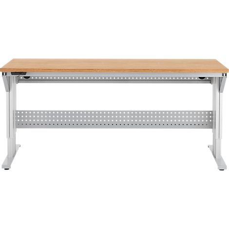 Een lichte bureau met een lichtbruin houten blad en een lichtgrijs metalen frame. De tafel is in detail afgebeeld.