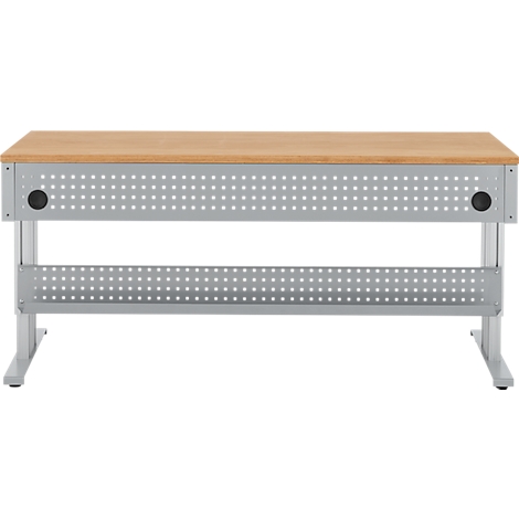 Een rechthoekig bureau van hout en metaal, met geperforeerde planken. Het bureau is ontworpen voor één persoon.