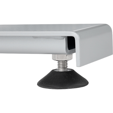 Close-up van tafel poot, schroef en rubberen voet in grijs en zwart.