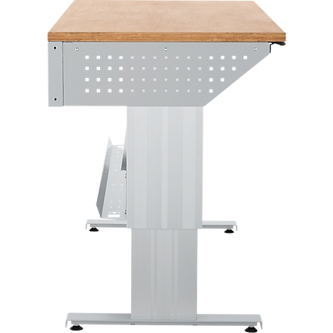 Bureau met houten blad, zilveren frame, geperforeerd paneel en in hoogte verstelbare poten.