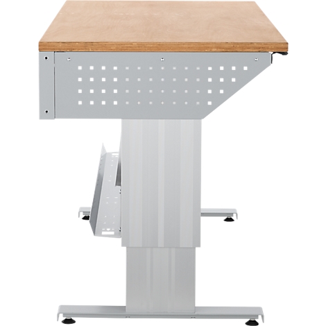 Bureau met houten blad, grijs metalen frame en perforatiepatroon.