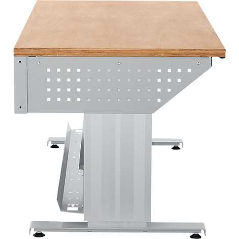Detail van een licht houten bureau met grijs metalen frame. Het frame heeft een gatenpatroon en een plank voor items.