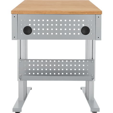 Werkbank met houten blad, geperforeerde metalen zijkanten en plank.