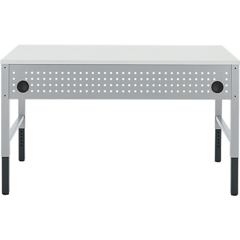 Witte bureau, metalen frame, twee zwarte knoppen, gaatjespatroon in het paneel. In hoogte verstelbare poten, neutrale achtergrond.