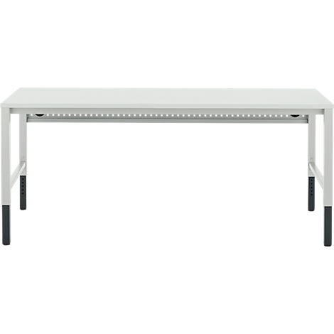 Een witte bureau tegen een witte achtergrond, met metalen poten en een reeks kleine lampjes onder het tafelblad.